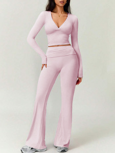 Long Sleeve V Neck 2-Piece Yoga <b>Set</b> Built-in Bra Ruched Waist Flared Pants Slim Fit Breathable Lightweight Stretchy Sportswear - Product Image 5