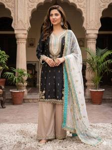 Vestido de Novia Tradicional Indio-Pakistaní de Seda para Mujer, Conjunto Bordado en Blanco y Negro, Corte Regular, Elástico, para Todas las Temporadas - Product Image 5