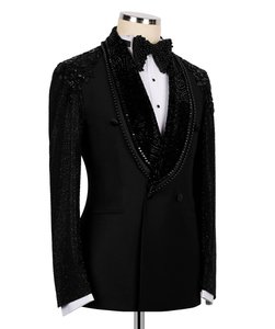 Men’s Black Rhinestone Embellished Double Breasted Tuxedo <b>Blazer</b> – Designer Wedding Party Suit Jacket - Product Image 4