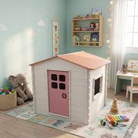 Casa de Juegos de Madera con Puerta Rosa y Techo Naranja para Niños al Aire Libre, Unisex, de 2 a 4 Años