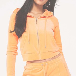 Sudadera Corta con Capucha y Cierre de Cremallera para Mujer, Color Naranja Sólido, Manga Larga, Tejido de Algodón y Fibra de Bambú, para Otoño, con Acabado de Terciopelo - Product Image 1