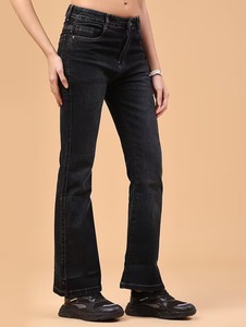 Boot Cut Mid Waist <b>Stretch</b> <b>Denim</b> Jeans Black Blue Vintage Ripped Eco-Friendly Washable Cotton Hand-painted Design - Product Image 2