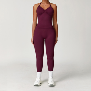 Conjunto de Yoga de 2 Piezas, Cuello en V, Cintura Alta, Largo Completo, Ropa Deportiva sin Costuras, Elástica en 4 Direcciones - Product Image 4