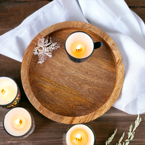 12 Inch Acacia Wooden Round Serving <b>Tray</b> <b>Table</b> Decorative Food Storage Platters With Handles for Kitchen Bathroom Living Room - Product Image 2