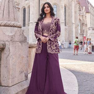 Purple Chinon Silk Embroidered Choli Palazzo Set With Designer <b>Jacket</b> Ready To Wear Wholesale Rate By Royal Export - Product Image 1