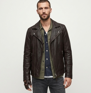 Veste de moto en cuir véritable noir pour homme, fermeture éclair, col rabattable - Product Image 6