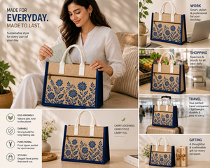 Sac fourre-tout en jute laminé personnalisé avec fermeture à bouton, écologique, réutilisable, imprimé floral, poignée en coton, pour exposition et mariage - Product Image 5