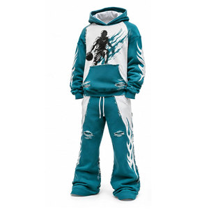 Conjunto Deportivo para Hombre, Sudadera con Capucha y Pantalones, Estampado de Jugador de Baloncesto en Verde Azulado y Blanco, Manga Larga, Corte Holgado, para Otoño - Product Image 2
