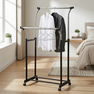 Porte-manteau moderne en acier à double barre avec étagère de rangement et roulettes pour chambre et salon - Product Image 6