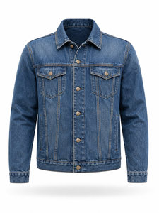 Chaqueta de Mezclilla Azul para Hombre, Cierre de Botones, Corte Regular, Estampado Informal, Estilo Otoñal, 100% Algodón, Tejido Lavado a la Piedra - Product Image 1