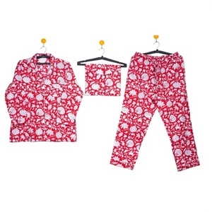 Conjunto de pijama con estampado de bloques de algodón transpirable para mujer, pijama floral para todas las estaciones, ropa de dormir/traje de dormir para Primavera Verano Otoño Invierno - Product Image 1