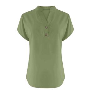 T-shirt décontracté pour femme, col rond, boutonné sur le devant, manches courtes, en tricot de coton et élasthanne, grande taille, anti-plis, anti-boulochage - Product Image 3