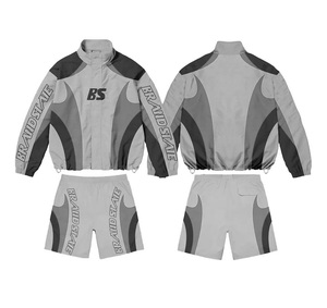 Ensemble de survêtement coupe-vent personnalisé en polyester et nylon, avec short de jogging vierge et veste zippée brodée, coupe-vent et résistant au vent - Product Image 4