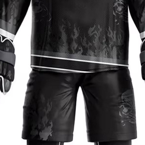 Men's Black Ice Hockey Uniform Set Full Sleeve Sublimated Jersey Pants <b>Gloves</b> Skates <b>Moisture</b> Wicking 100% Polyester Regular Fit - Product Image 4