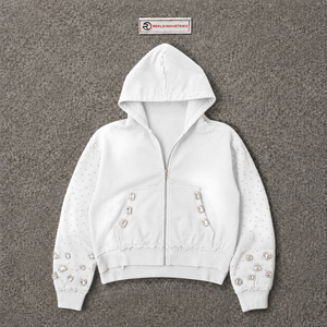 Sweat à capuche zippé blanc vieilli, orné de strass, coupe oversize, style streetwear vintage délavé, punk, décontracté, unisexe, urbain - Product Image 5