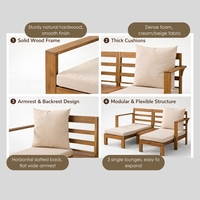 Canapé convertible 3 places en bois d'acacia extensible pour l'extérieur, lit de jour pour patio, coussins beiges, chaise de loisirs moderne