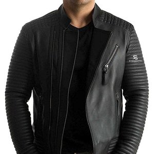 <b>Men's</b> Genuine <b>Sheepskin</b> Bomber <b>Leather</b> <b>Jacket</b> Classic Winter Coat Slim Fit Casual Motorcycle Fashion Brown Color Zipper Closure - Product Image 1