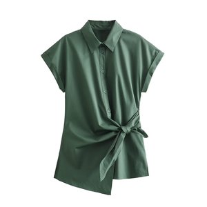 Blusa Asimétrica Vintage Chic para Mujer, Camisa de Popelina con Cuello en V, Manga Corta, Botones, Diseño Sólido, 100% Seda - Product Image 2
