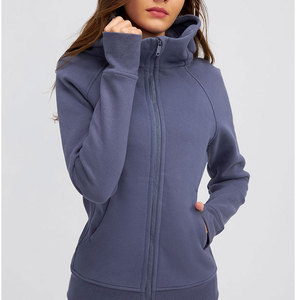 Sweat-shirt à capuche pour femme, couleur unie, fermeture éclair, manches longues, tricoté, respirant, coupe régulière, avec poches, pour l'automne - Product Image 2