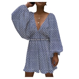 Nouvelle Collection – Robe Courte Sexy d'Été pour Femme, Imprimée à la Main, Col en V Profond, Manches Lanterne - Product Image 6