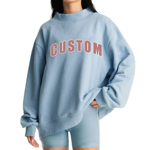 Women's Oversized Crew <b>Neck</b> Sweatshirt Custom Letter Print <b>Light</b> Blue Knitted Cotton Asymmetric Design Autumn Wear mock <b>neck</b> - Product Image 1