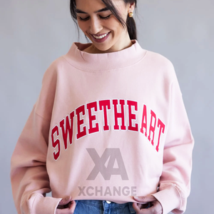 Sudadera Rosa Oversize de Cuello Redondo con Cuello Alto Simulado para Mujer, Bordada, de Manga Corta, con Estampado de Letras Delanteras, de Algodón Tejido, para Invierno - Product Image 4