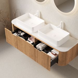 Mobile bagno sospeso DINA da 60 pollici con bordi curvi e armadietto a righe, 2 cassetti rettangolari bianchi - Product Image 2