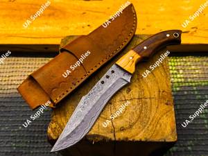 Couteau de chasse et de camping à lame fixe en acier Damas, manche en bois, bord biseauté, tranchant comme un rasoir, forgé à la main avec étui, ODM/Vente en gros - Product Image 2