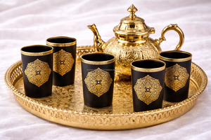 Nuevo diseño de juego de té árabe dorado, 6 vasos, un bandeja, una tetera en caja de regalo. - Product Image 2