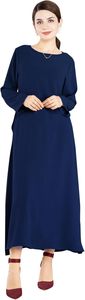Abaya pour femmes, couleur bleue unie, manches longues, col rond, robe longue modeste avec ensemble foulard noir - Product Image 5
