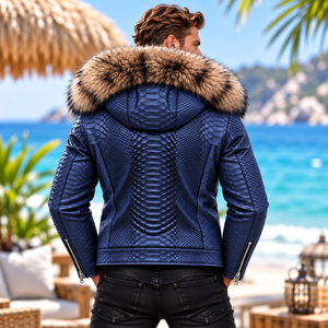 Chaqueta de Motociclista de Cuero de Pitón Premium para Hombre con Capucha de Piel de Zorro, Ropa Exterior de Moda para Motociclistas |   Chaqueta de cuero para hombre |   Chaqueta de Cuero para Hombre - Product Image 5