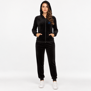 Ensemble de survêtement en velours pour femmes, 2 pièces, jogging, vêtements de sport à capuche, logo personnalisé - Product Image 3