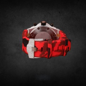 Two Tone Luxury Men's Stainless Steel Wrist <b>Watch</b> Half Iced Moissanite <b>Diamond</b> Red Black Rubber Strap Analog Date Fully - Product Image 4