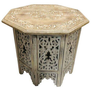 Table basse marocaine antique en laiton, plateau rond en métal gravé à la main avec base pliante en bois sculpté, meuble d'appoint - Product Image 5