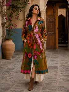 Chaqueta Larga de Terciopelo Bordado Marrón para Mujer, Diseño Floral, Estilo Bohemio, Cuello Camisero, Manga Larga, Ropa de Abrigo para Invierno - Product Image 1