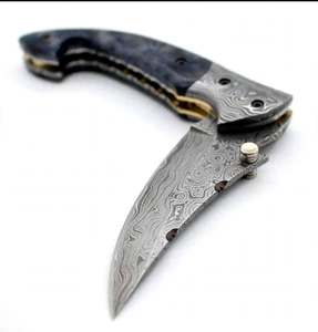 Cuchillo de bolsillo plegable artesanal de acero de Damasco para exteriores, con mango de resina azul y pomo de resina, punta de cuchillo tipo Drop Point, OEM DIY - Product Image 2