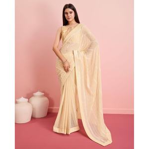 TREANDING GEORGETTE SEQUENCE THREAD WITH <b>LACE</b> BORDER WORK SAREE WITH UNSTITCHED BLOUSE <b>YELLOW</b> - Product Image 1