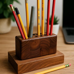 Regalos: Portalápices de madera maciza de nogal negro, caja de almacenamiento de papelería de lujo para oficina, portalápices de madera de blossom craft india - Product Image 1