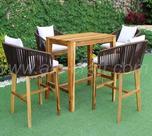 Contemporary Teak Wood Bar <b>Stool</b> With Rattan Back And Cream <b>Cushion</b> For Outdoor Use - Product Image 3