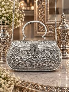 Handmade Vintage <b>Silver</b> Plated Ethnic Metal <b>Clutch</b> <b>Bag</b> with Gemstones and Ornate Floral CarvingsLuxury Evening Handbag for Women - Product Image 3