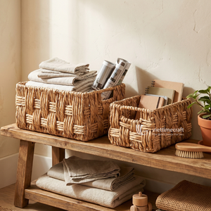 Handwoven Classic Water Hyacinth <b>Storage</b> <b>Basket</b> <b>Rectangular</b> Durable Large Capacity Lid Organizer Bin Beige for Closet Shelf Home - Product Image 5