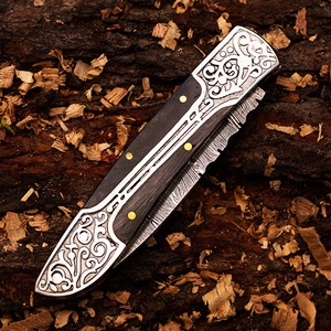 Cuchillo Plegable de Bolsillo Personalizado, Hecho a Mano, de Grado Industrial/DIY, para Camping, 7.5 Pulgadas, Acero de Damasco, Mango de Madera y Acero, Cambio Rápido - Product Image 5