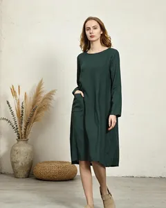 Vestido Midi de Lino y Algodón Verde para Mujer, Cuello Redondo, Manga Larga, Estilo Boho, Holgado, con Bolsillos, para Uso Diario Informal de Otoño - Product Image 2