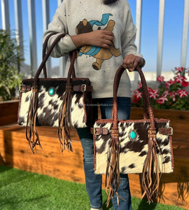 Cheveux fabriqués à la main sur cuir de vachette frange Turquoise pierre Western fourre-tout sac à main fait à la main en cuir véritable sac à main de luxe pour les femmes - Product Image 2