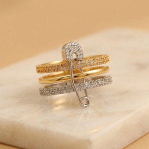 Safety Pin Motif Multi Band <b>Stacked</b> <b>Ring</b> Cut Lab Grown Diamond Women's Engagement Luxury Statement <b>Ring</b> Unique Trendy Gold Band - Product Image 2