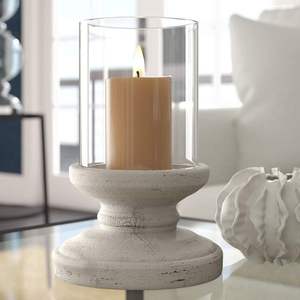 Porte-bougie hurricane blanc rustique moderne avec base en bois et abat-jour en verre transparent, accent décoratif pour la maison - Product Image 1