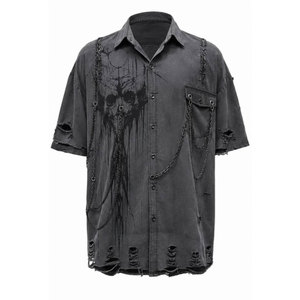 Camisa gótica de manga corta para hombre con estampado de salpicaduras negras, cadenas y bajo desgarrado, estilo casual, tela popelina, para verano. - Product Image 5
