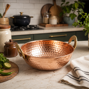 Premium Hand Hammered Pure Copper Serving Bowl Brass Handles Traditional Indian Kadhai Curry Bowl Kitchen Cookware Restaurant - Product Image 2