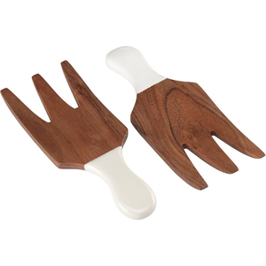 Ensemble de 2 pinces à salade en bois d'acacia écologiques, fabriquées à la main, avec manches blancs luxueux, pour mélanger et servir les pâtes - Product Image 1