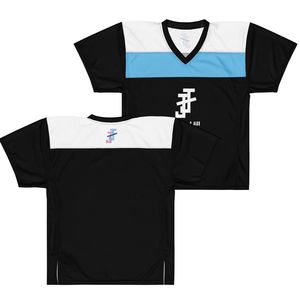 Maillot de football unisexe noir, bleu et blanc en mesh, manches courtes, col en V, logo personnalisé, respirant, pour équipes sportives, vente en gros - Product Image 1